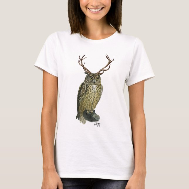 Owl with Antlers plain 2 T-Shirt (Front)