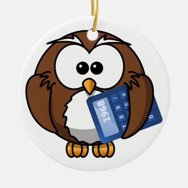 Owl with Calculator, math, student, accounting, Ceramic Tree Decoration (Front)