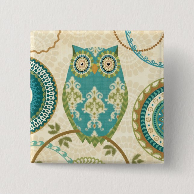 Owl with Circular Patterns 15 Cm Square Badge (Front)