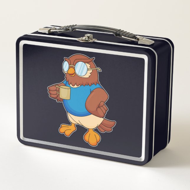 Owl with Coffee mug Metal Lunch Box (Front)