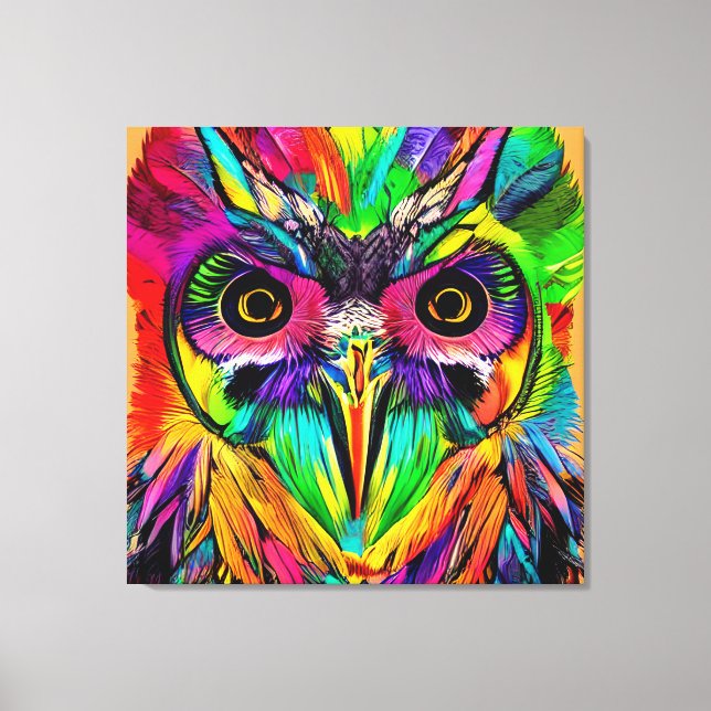 Owl with Colourful Feathers Quirky AI Art Canvas Print (Front)
