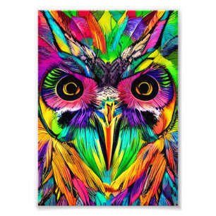 Owl with Colourful Feathers Quirky AI Art Photo Print