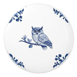 Owl with Delft Blue and White Corner Flourish Ceramic Knob