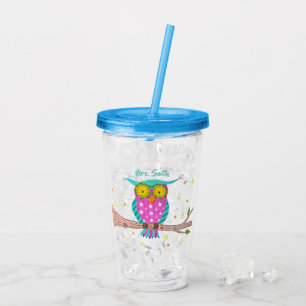 Owl with flowery eyes personalised teacher tumbler