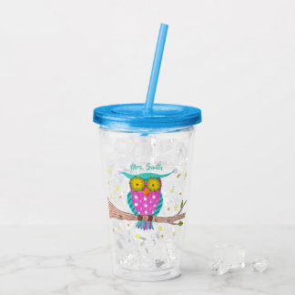 Owl with flowery eyes personalised teacher tumbler