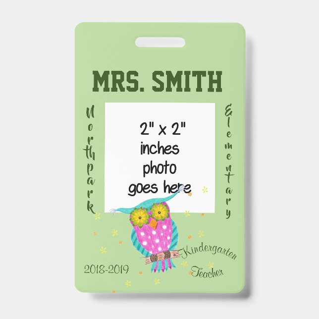 Owl with flowery eyes teacher ID badge (Front)
