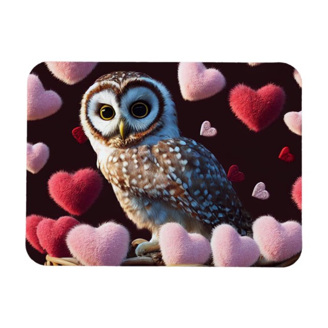 Owl with Fuzzy Hearts Magnet (Horizontal)