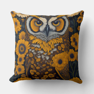 Owl with large eyes in front of flowers #2 cushion