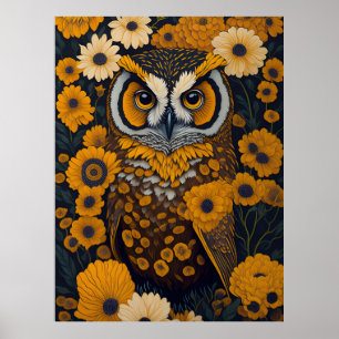 Owl with large eyes in front of flowers #2 poster