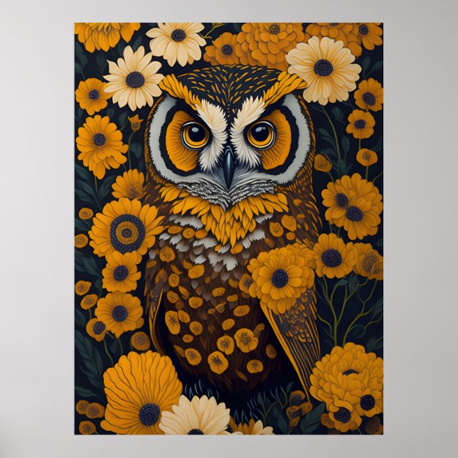 Owl with large eyes in front of flowers #2 poster (Front)