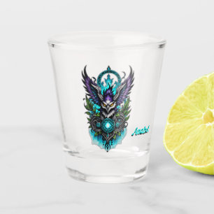 Owl with magical elements. shot glass