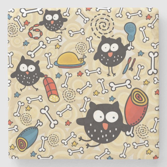 Owl with Meat Pattern Stone Coaster (Front)