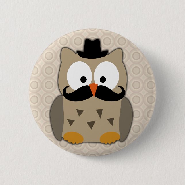 Owl with Moustache and Hat 6 Cm Round Badge (Front)