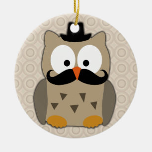 Owl with Moustache and Hat Ceramic Tree Decoration