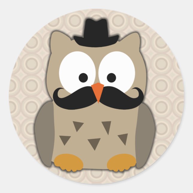 Owl with Moustache and Hat Classic Round Sticker (Front)