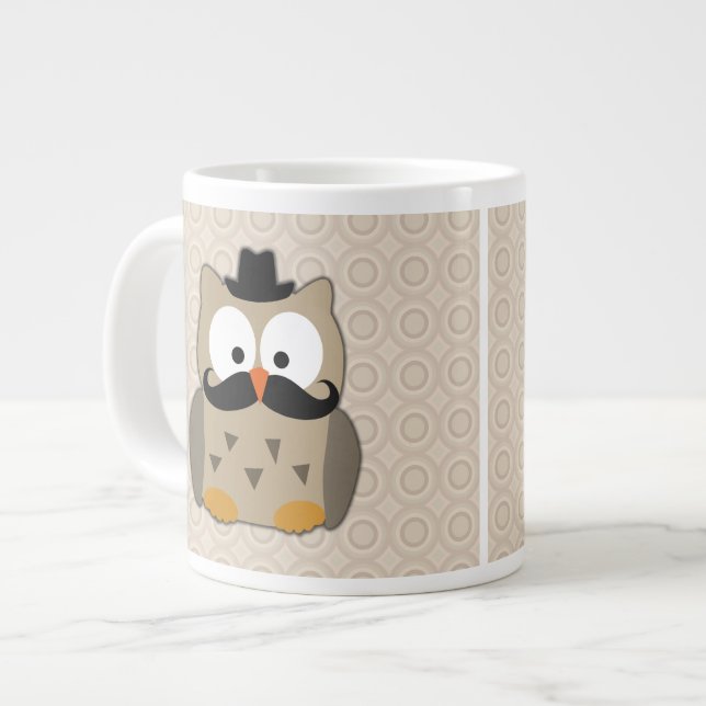 Owl with Moustache and Hat Large Coffee Mug (Front Left)