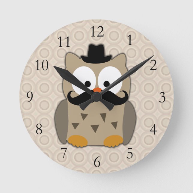 Owl with Moustache and Hat Round Clock (Front)