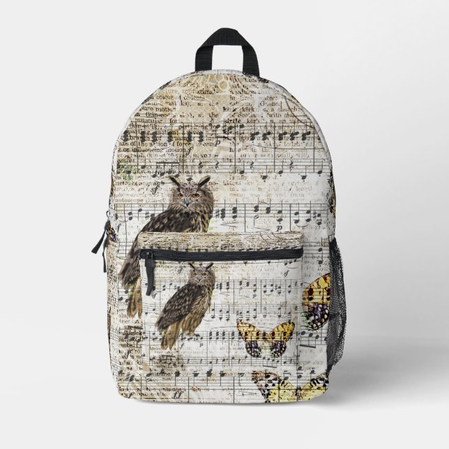 Owl with Music Notes and Butterfly Printed Backpack (Front)