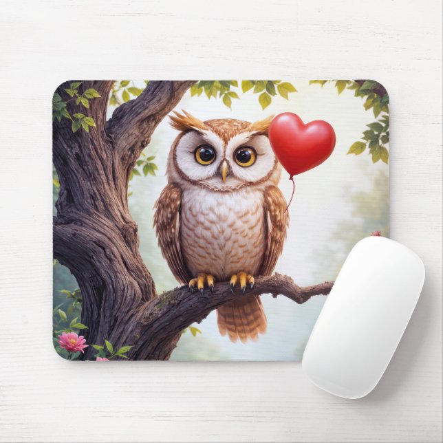 Owl With Red Heart Balloon Mouse Mat (With Mouse)