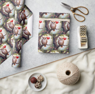 Owl With Red Heart Balloon Wrapping Paper
