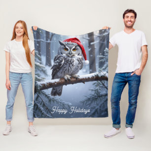 Owl with Santa Hat Fleece Blanket