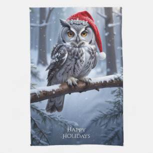 Owl with Santa Hat Kitchen Tea Towel