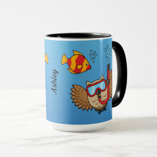 Owl with Snorkel Mask and Tropical Fish Add Name Mug
