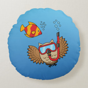 Owl with Snorkel Mask and Tropical Fish Round Cushion