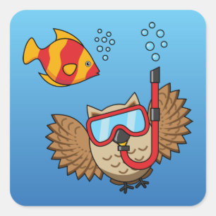 Owl with Snorkel Mask and Tropical Fish Square Sticker