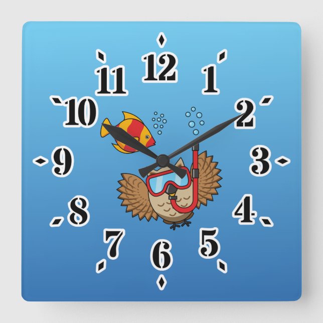 Owl with Snorkel Mask and Tropical Fish Square Wall Clock (Front)