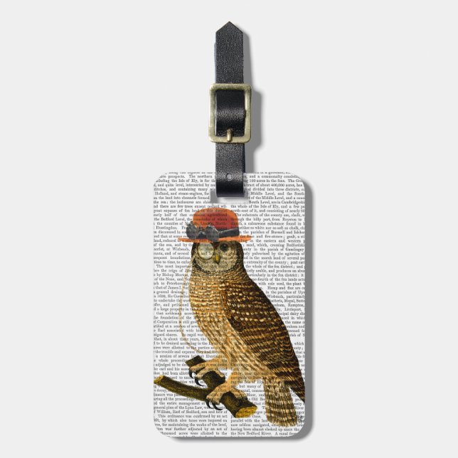 Owl with Steampunk Style Bowler Hat Luggage Tag (Front Vertical)