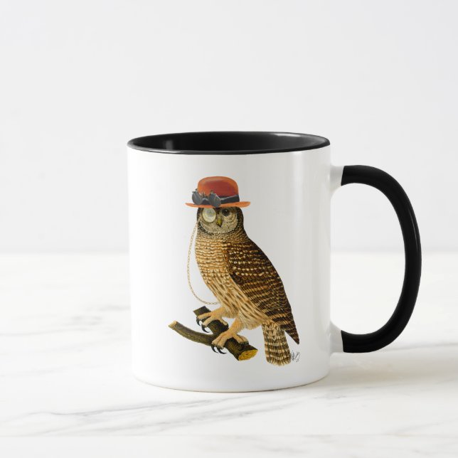 Owl with Steampunk Style Bowler Hat Mug (Right)