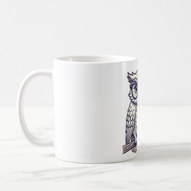 Owl with Tiny Reading Glasses on a Branch Coffee Mug (Left)