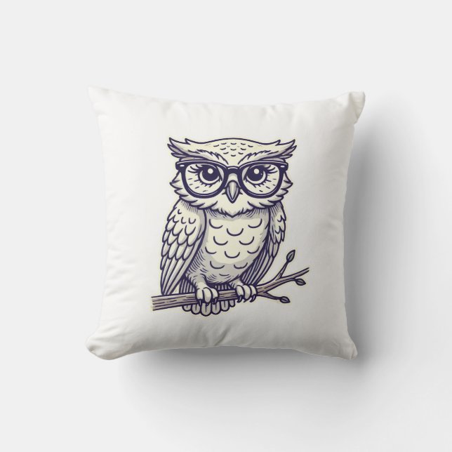 Owl with Tiny Reading Glasses on a Branch Cushion (Front)