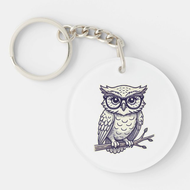 Owl with Tiny Reading Glasses on a Branch Key Ring (Front)