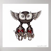 Owl with two people abstract graphic art poster