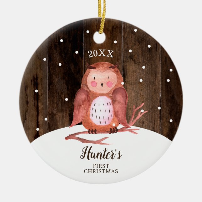 Owl Woodland Personalised Baby's First Christmas Ceramic Tree Decoration (Front)