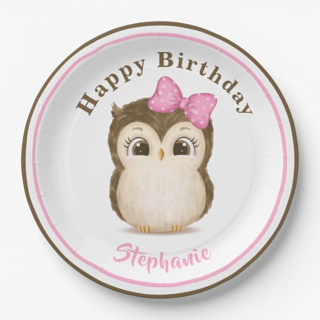 Owl Woodland Watercolor Pink Birthday Name Paper Plate (Front)