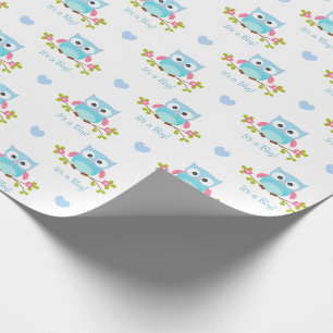 Owl Wrapping Paper Baby Boy Blue It's A Boy