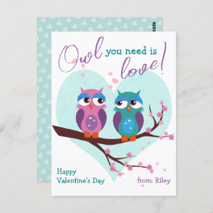 Owl you need is love Cute Classroom Valentines Day Postcard