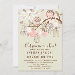 Owl You Need Is Love Pink Owls Wedding Invitation
