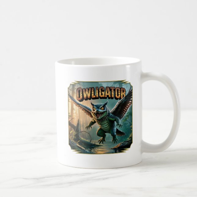 Owligator Illustration – Owl Alligator Funny Scary Coffee Mug (Right)