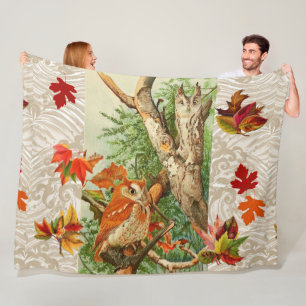 OWLS AMONG FALL LEAVES IN WOODLAND FLEECE BLANKET