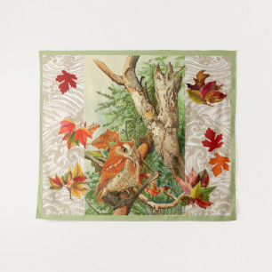 OWLS AMONG FALL LEAVES IN WOODLAND TAPESTRY