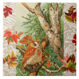 OWLS AMONG FALL LEAVES IN WOODLAND TILE