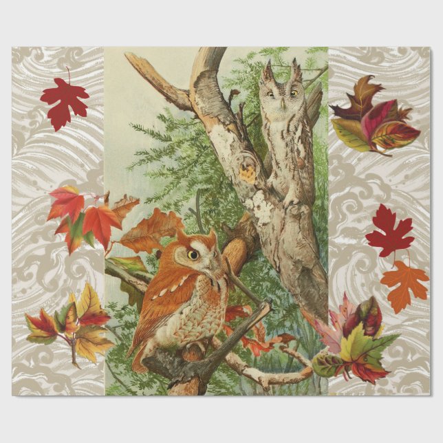 OWLS AMONG FALL LEAVES IN WOODLAND WRAPPING PAPER (Flat)