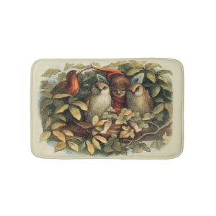 Owls and Elf Fairies Nature Illustration Bath Mat