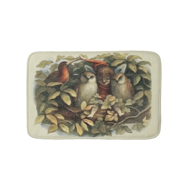 Owls and Elf Fairies Nature Illustration Bath Mat (Front)