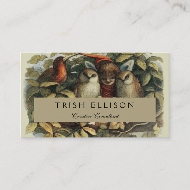 Owls and Elf Fairies Nature Illustration Business Card (Front)