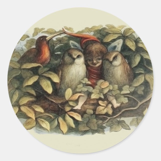 Owls and Elf Fairies Nature Illustration Classic Round Sticker (Front)